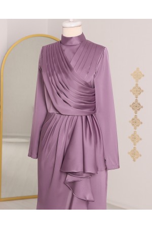 Eteği Fırfırlı Önü Drapeli Saten Abiye -Lila