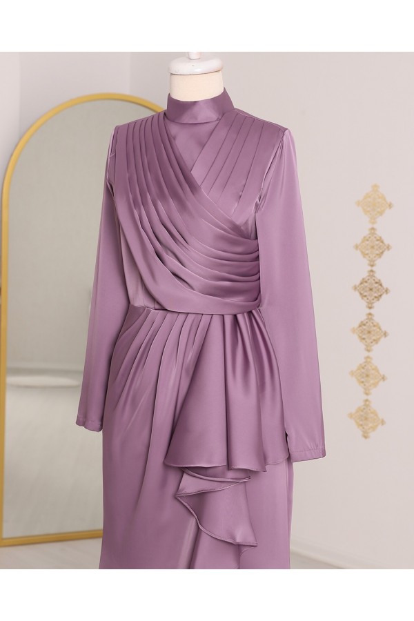 Frilly Skirt and Draped Front Satin Evening Dress -Lilac
