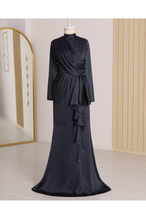 Frilly Skirt and Draped Front Satin Evening Dress -Black