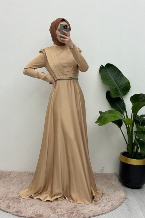 Front Draped Waist Bead Detailed Satin Evening Dress -Light Mink