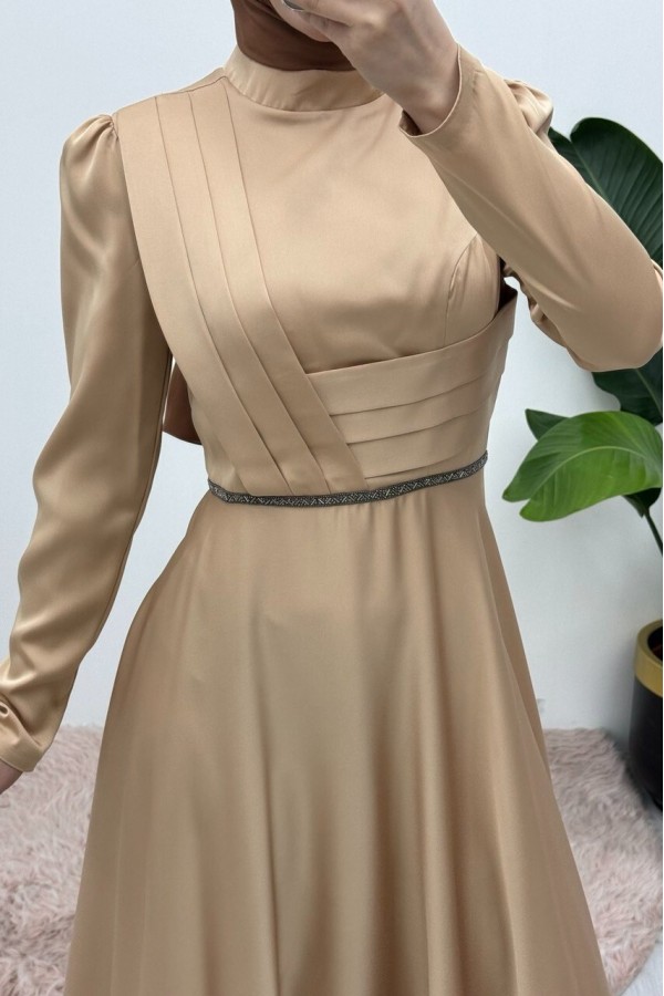 Front Draped Waist Bead Detailed Satin Evening Dress -Light Mink