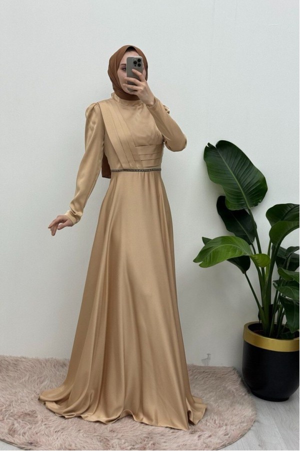 Front Draped Waist Bead Detailed Satin Evening Dress -Light Mink