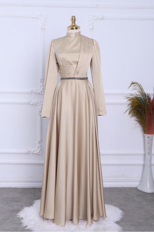 Front Draped Waist Bead Detailed Satin Evening Dress -Gold