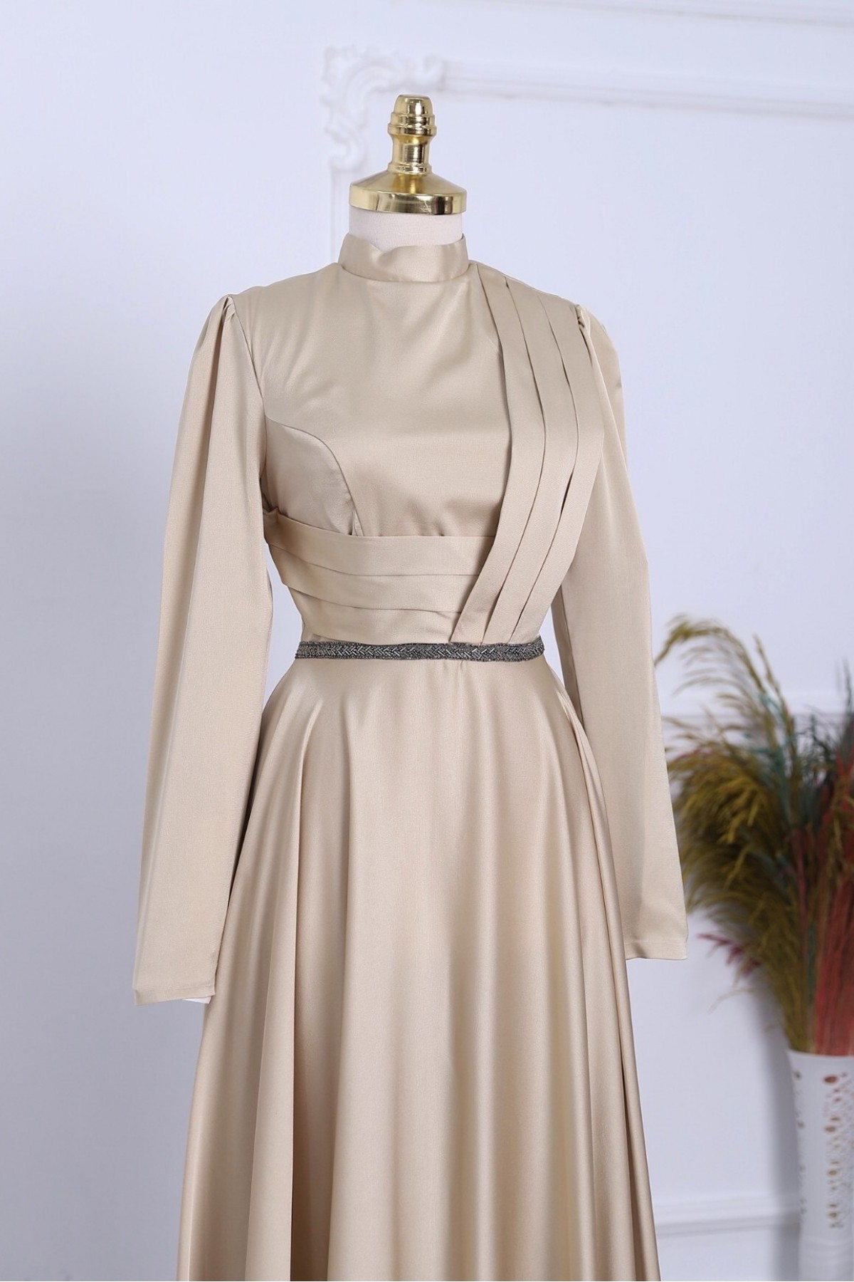 Front Draped Waist Bead Detailed Satin Evening Dress -Gold