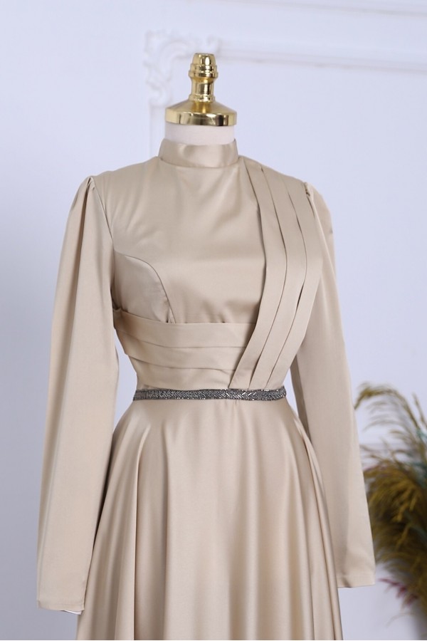Front Draped Waist Bead Detailed Satin Evening Dress -Gold