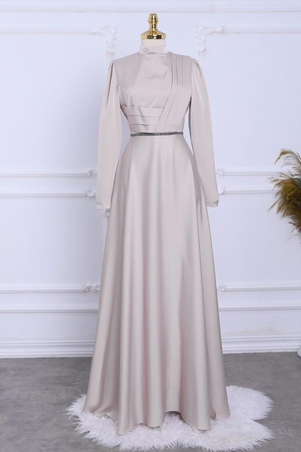 Front Draped Waist Bead Detailed Satin Evening Dress - Beige