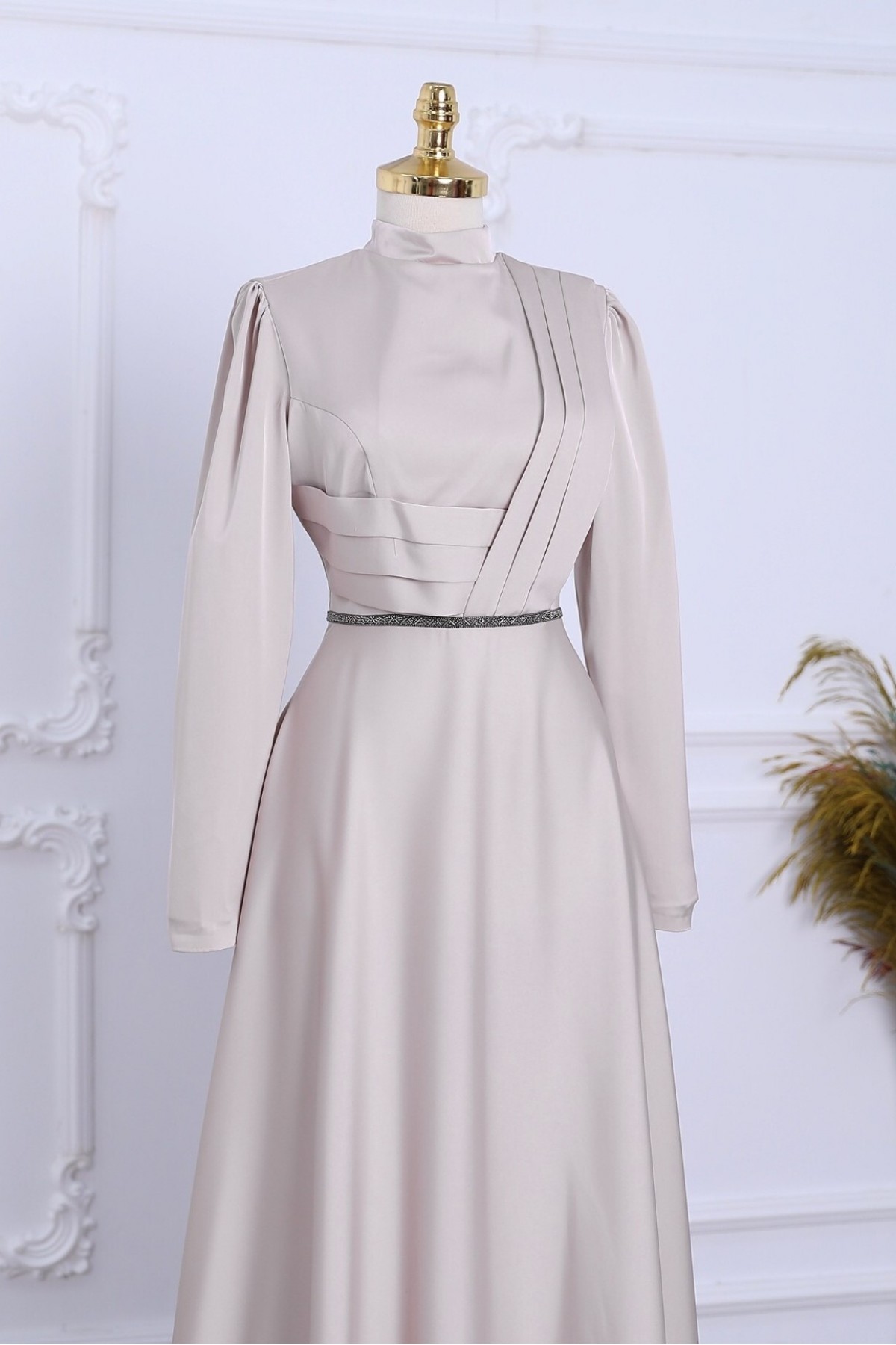 Front Draped Waist Bead Detailed Satin Evening Dress - Beige