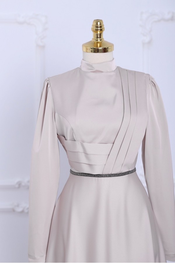 Front Draped Waist Bead Detailed Satin Evening Dress - Beige