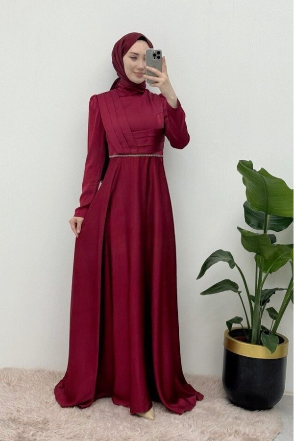 Front Draped Waist Bead Detailed Satin Evening Dress -Maroon