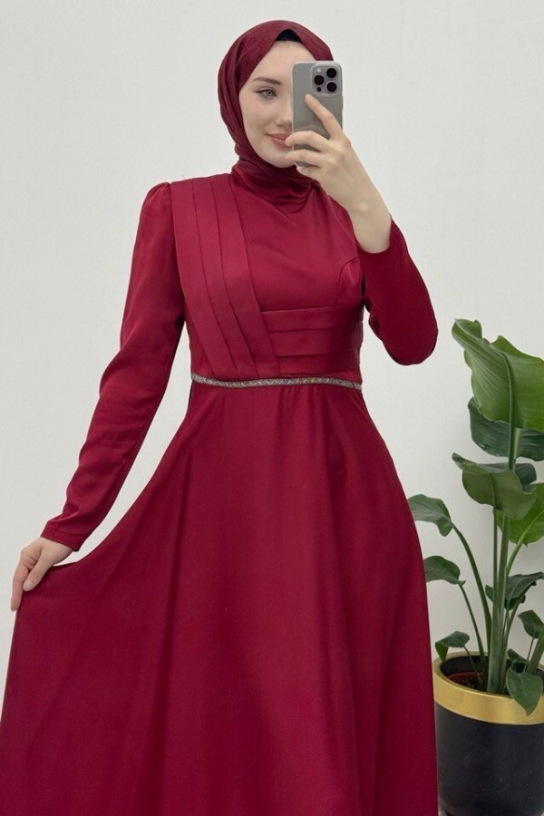 Front Draped Waist Bead Detailed Satin Evening Dress -Maroon