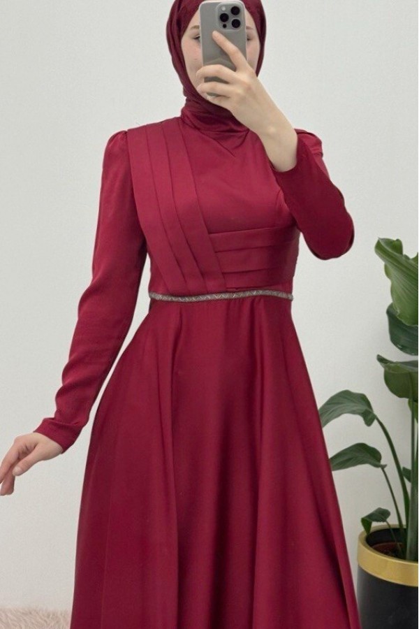 Front Draped Waist Bead Detailed Satin Evening Dress -Maroon