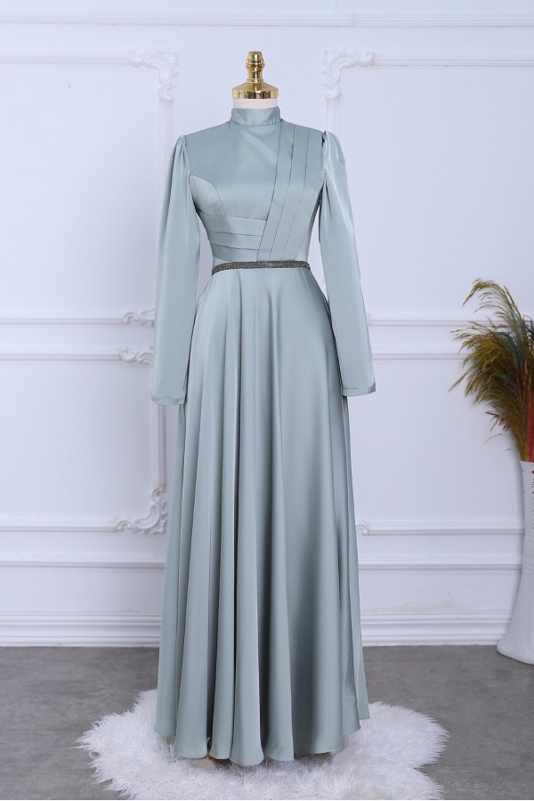 Front Draped Waist Bead Detailed Satin Evening Dress -Sea green