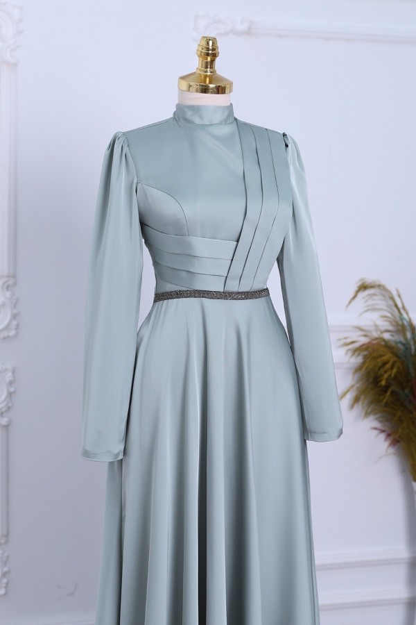 Front Draped Waist Bead Detailed Satin Evening Dress -Sea green