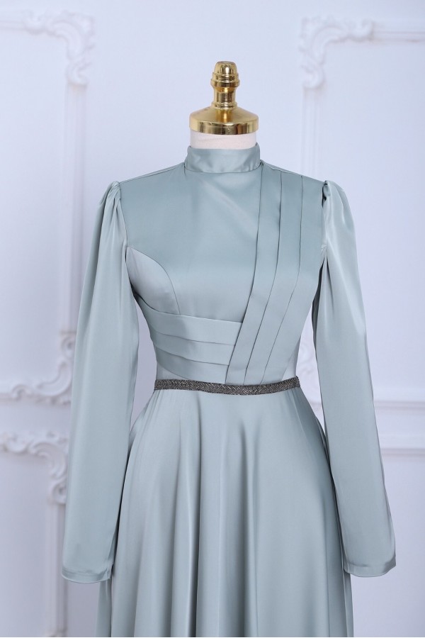 Front Draped Waist Bead Detailed Satin Evening Dress -Sea green