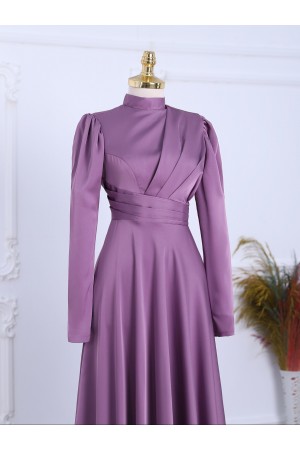 Front Pleated Satin Evening Dress -Lilac