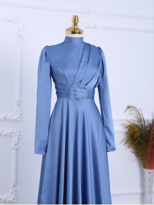 Front Pleated Satin Evening Dress -Blue
