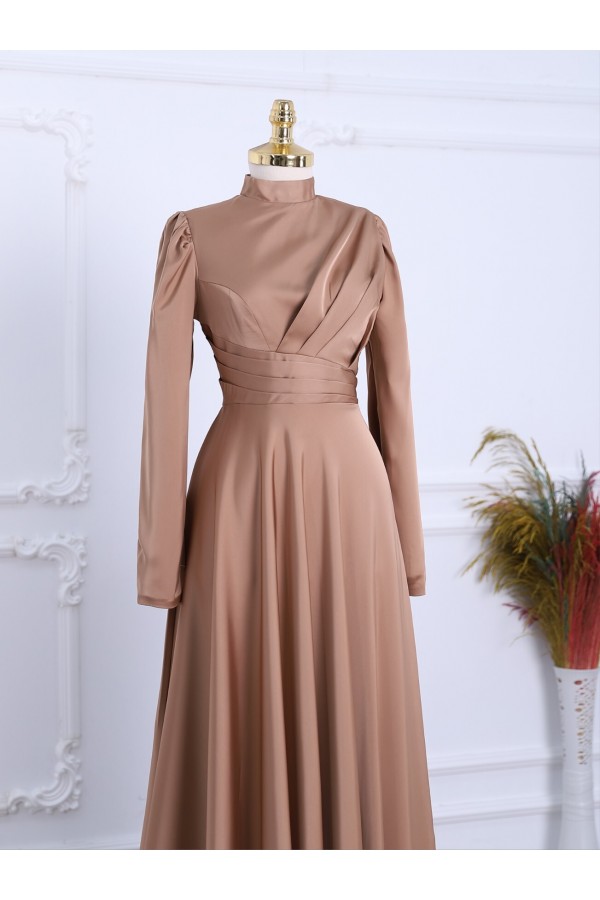 Front Pleated Satin Evening Dress -Mink color