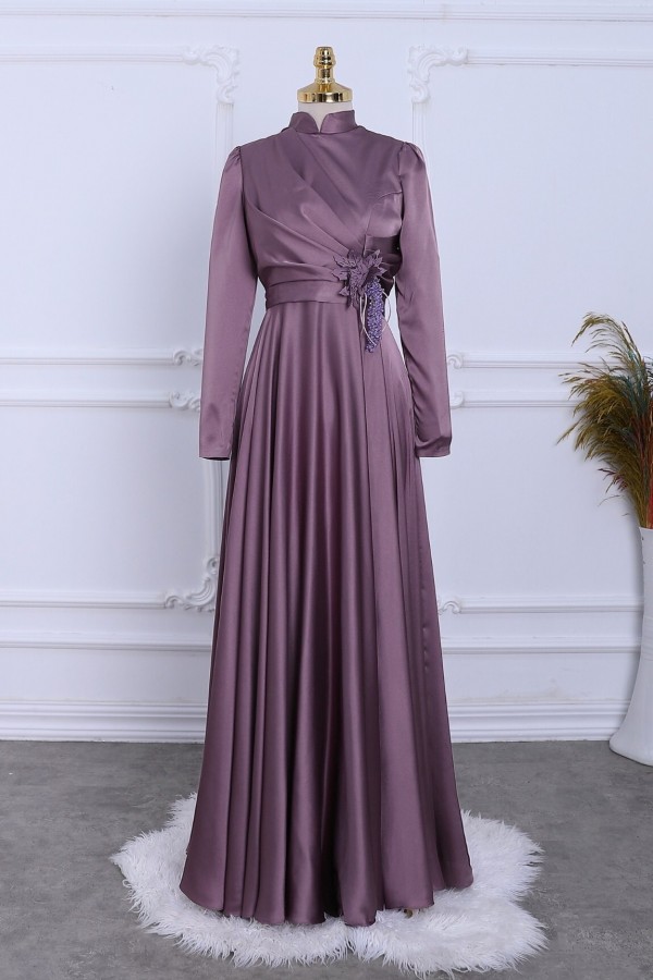 Rose Detail Draped Satin Evening Dress -Dried rose