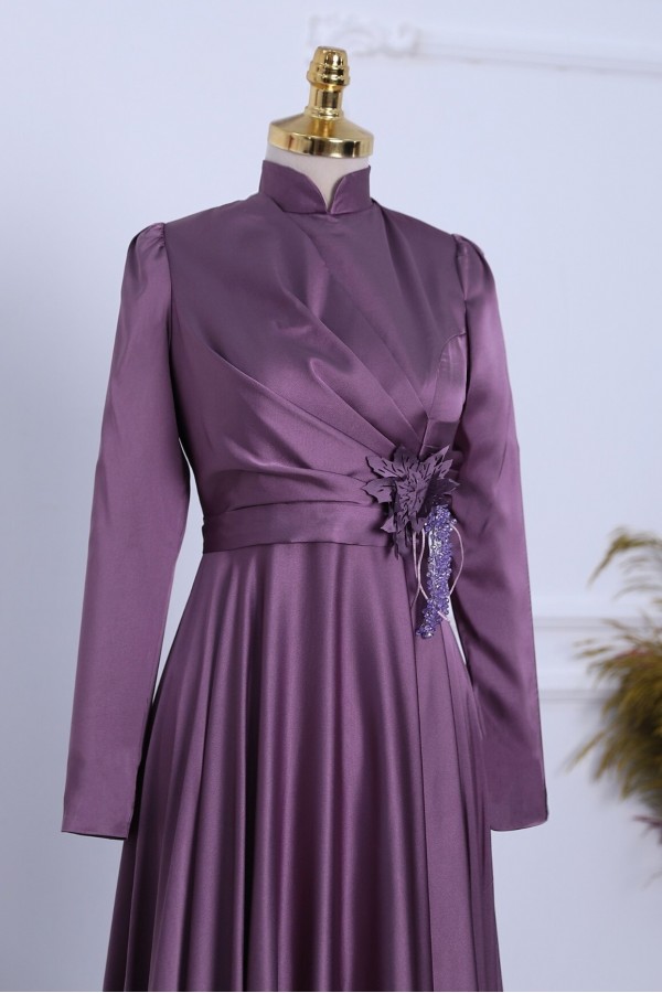 Rose Detail Draped Satin Evening Dress -Dried rose