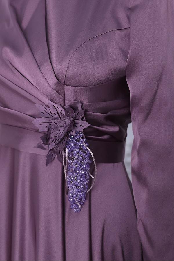 Rose Detail Draped Satin Evening Dress -Dried rose