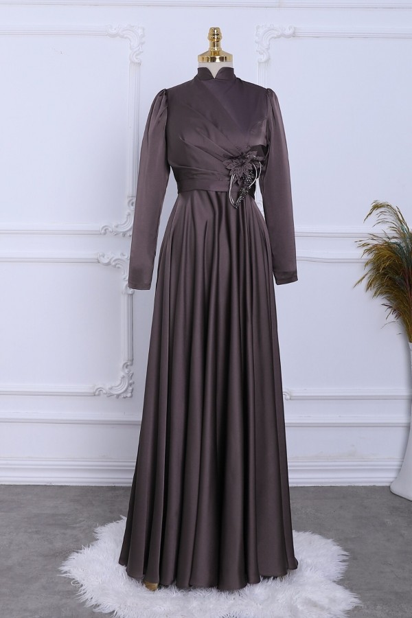 Rose Detail Draped Satin Evening Dress -Brown