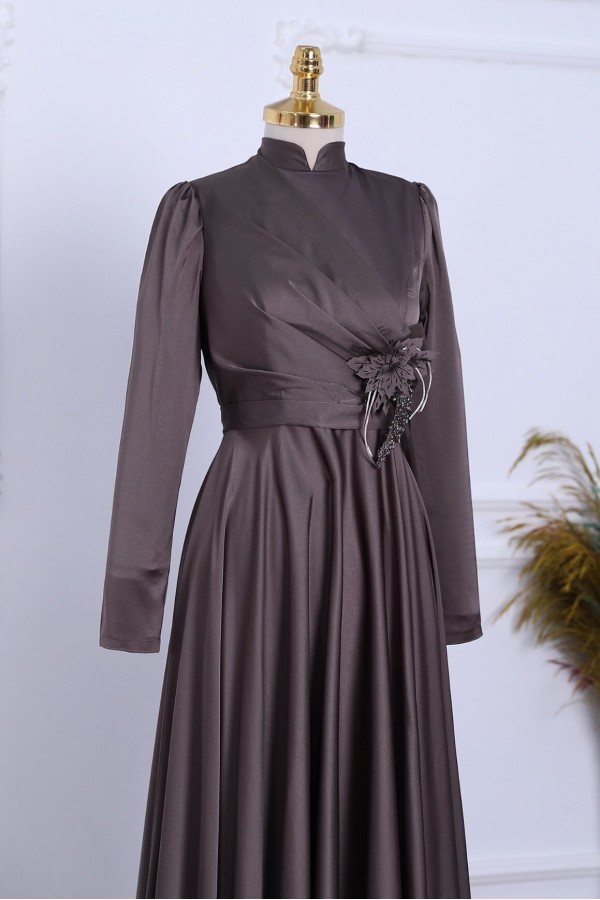 Rose Detail Draped Satin Evening Dress -Brown
