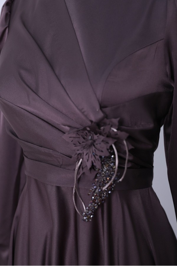 Rose Detail Draped Satin Evening Dress -Brown