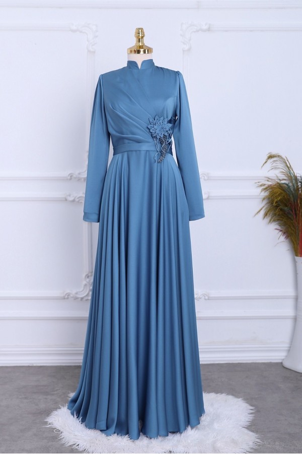 Rose Detail Draped Satin Evening Dress -Blue