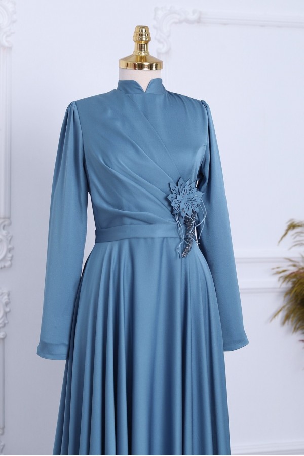 Rose Detail Draped Satin Evening Dress -Blue