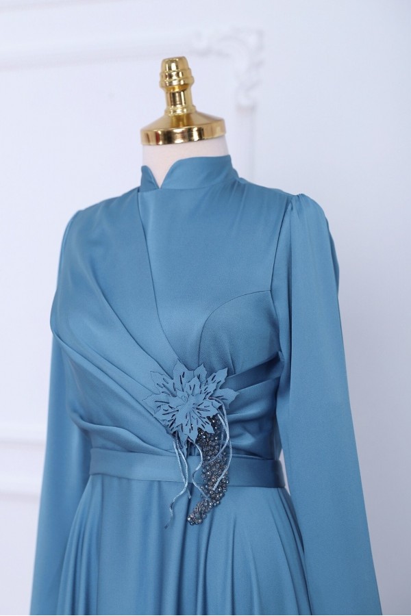 Rose Detail Draped Satin Evening Dress -Blue