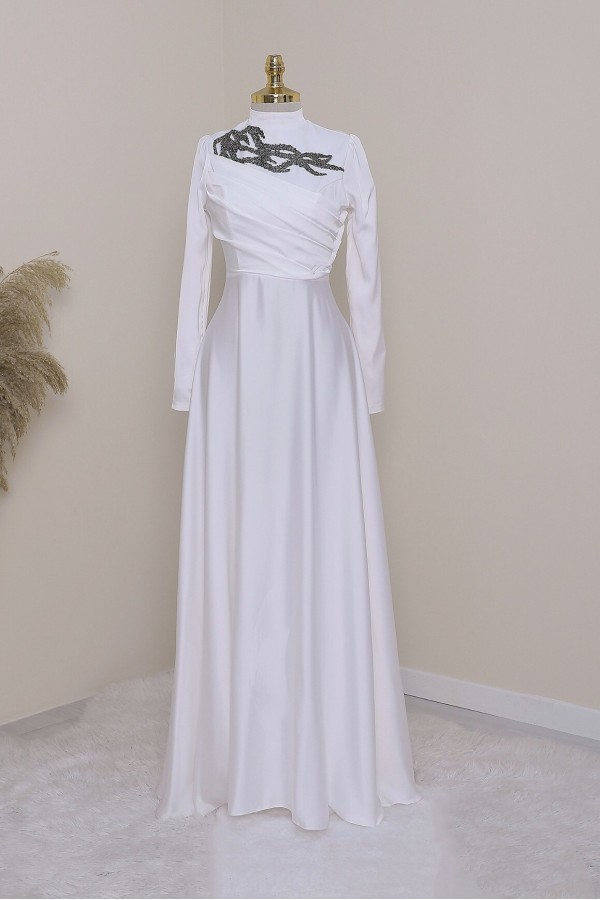 Stone Collar Draped Evening Dress -White