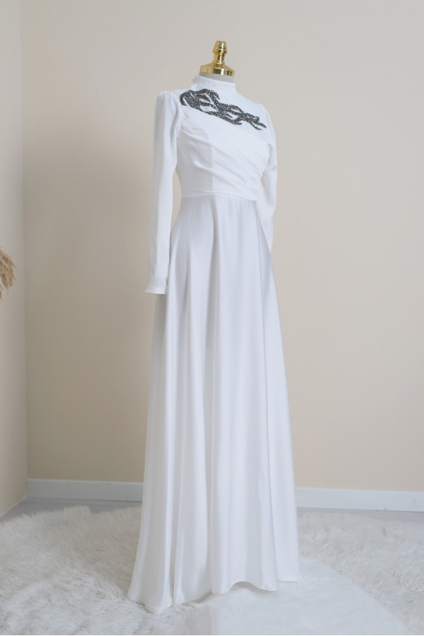 Stone Collar Draped Evening Dress -White