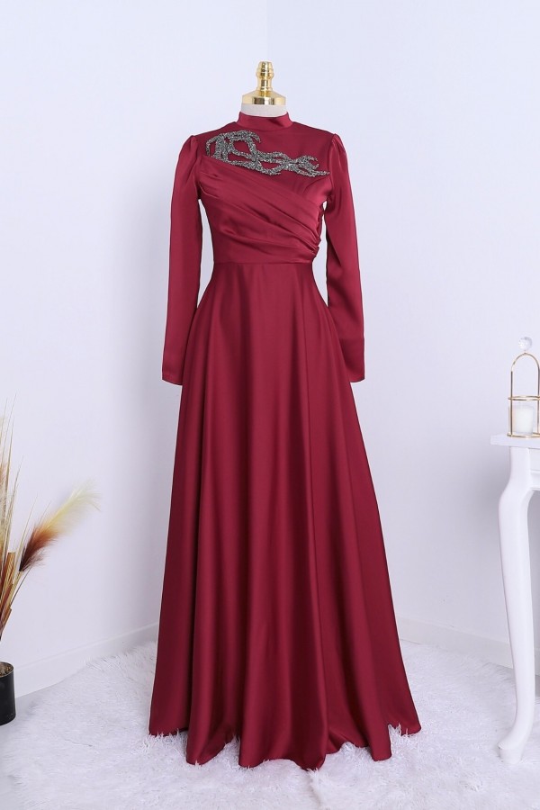 Stone Collar Draped Evening Dress -Maroon