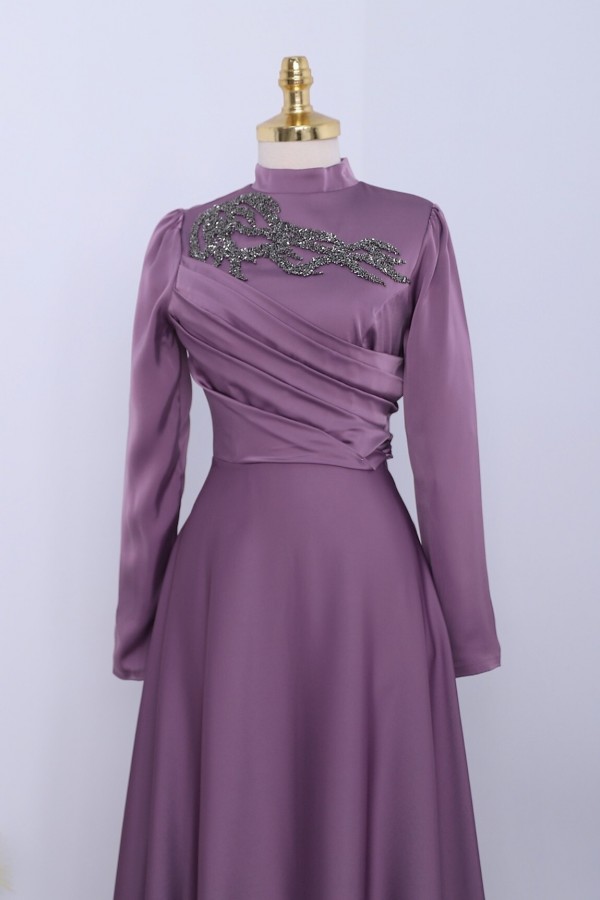 Stone Collar Draped Evening Dress -Lilac