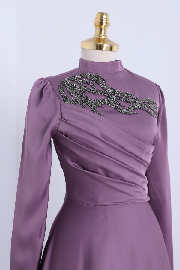 Stone Collar Draped Evening Dress -Lilac