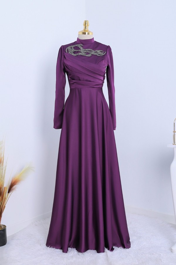 Stone Collar Draped Evening Dress - Purple