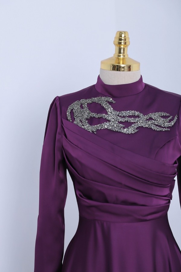 Stone Collar Draped Evening Dress - Purple
