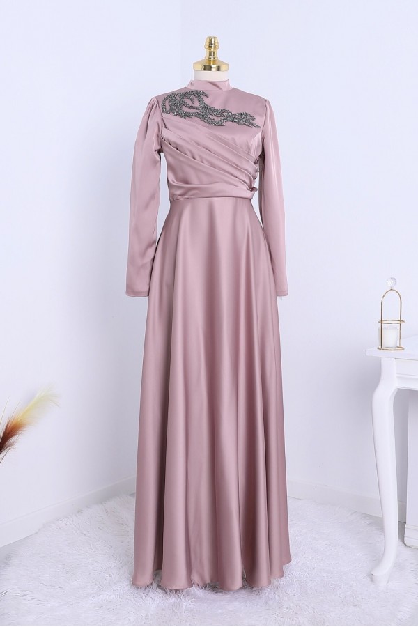 Stone Collar Draped Evening Dress -Pink