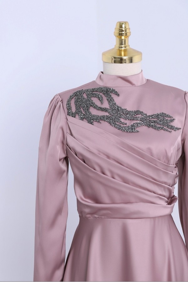 Stone Collar Draped Evening Dress -Pink