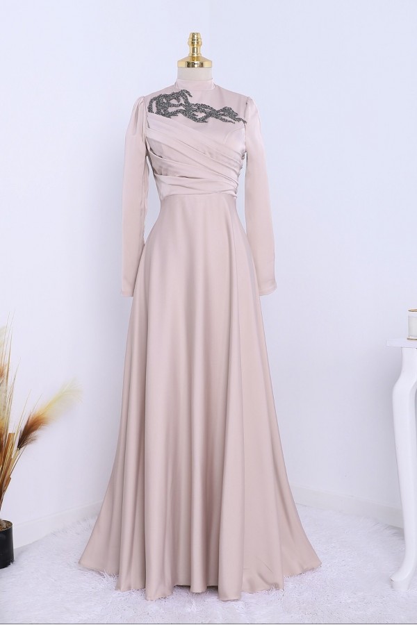 Stone Collar Draped Evening Dress -Powder
