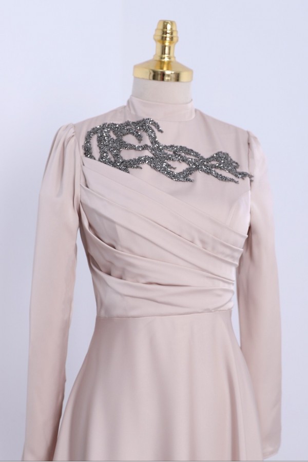 Stone Collar Draped Evening Dress -Powder