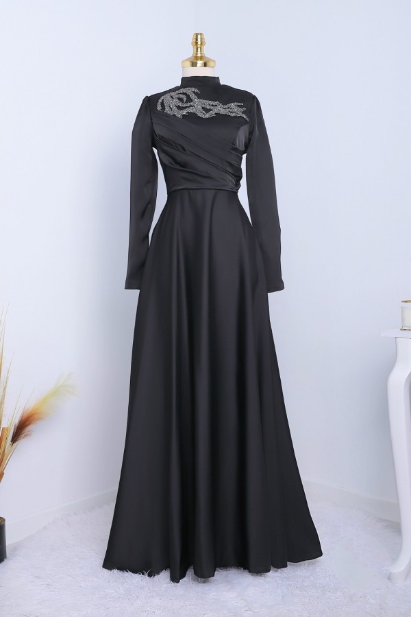 Stone Collar Draped Evening Dress -Black
