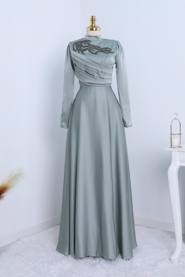 Stone Collar Draped Evening Dress -Sea green