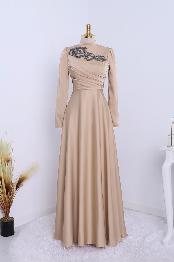 Stone Collar Draped Evening Dress -Mink color