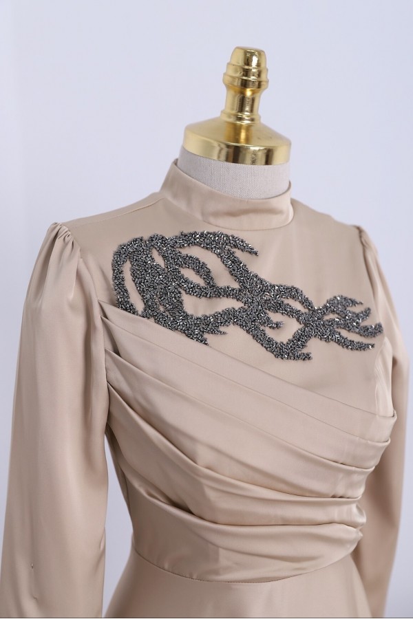 Stone Collar Draped Evening Dress -Mink color