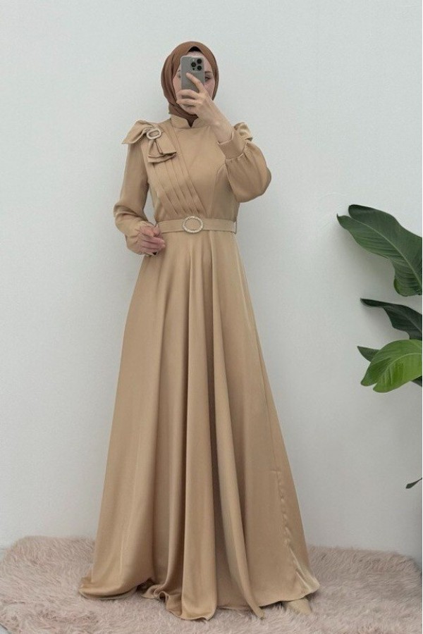 Satin Evening Dress with Brooch, Bow, Stones and Belt - Beige