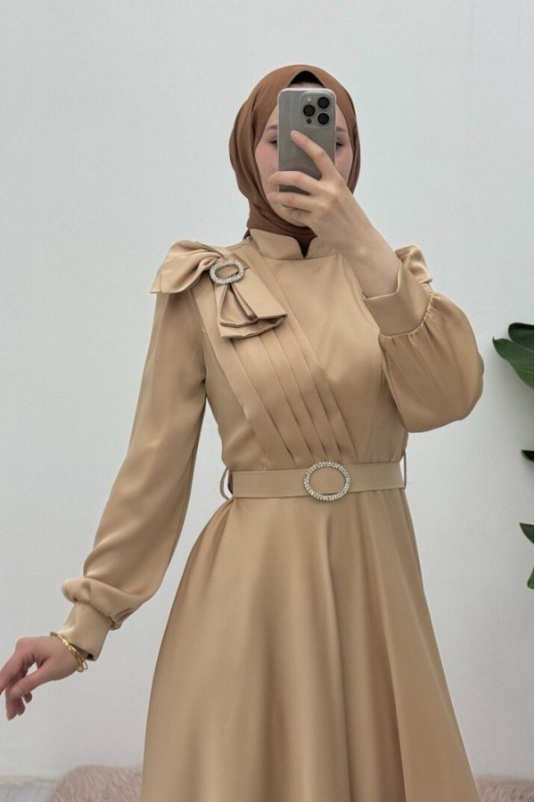 Satin Evening Dress with Brooch, Bow, Stones and Belt - Beige