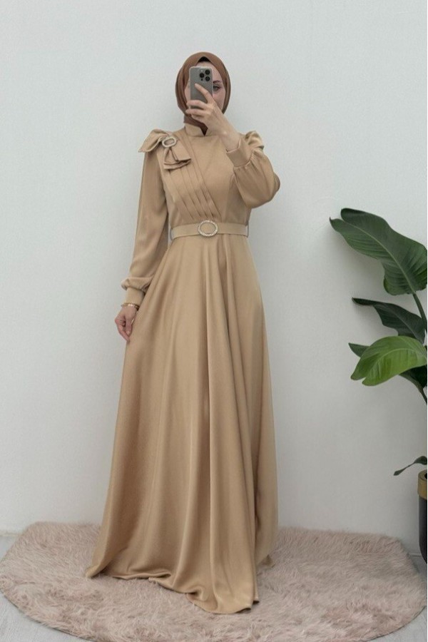 Satin Evening Dress with Brooch, Bow, Stones and Belt - Beige