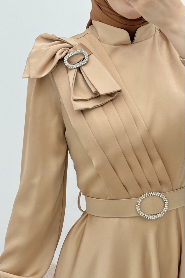 Satin Evening Dress with Brooch, Bow, Stones and Belt - Beige