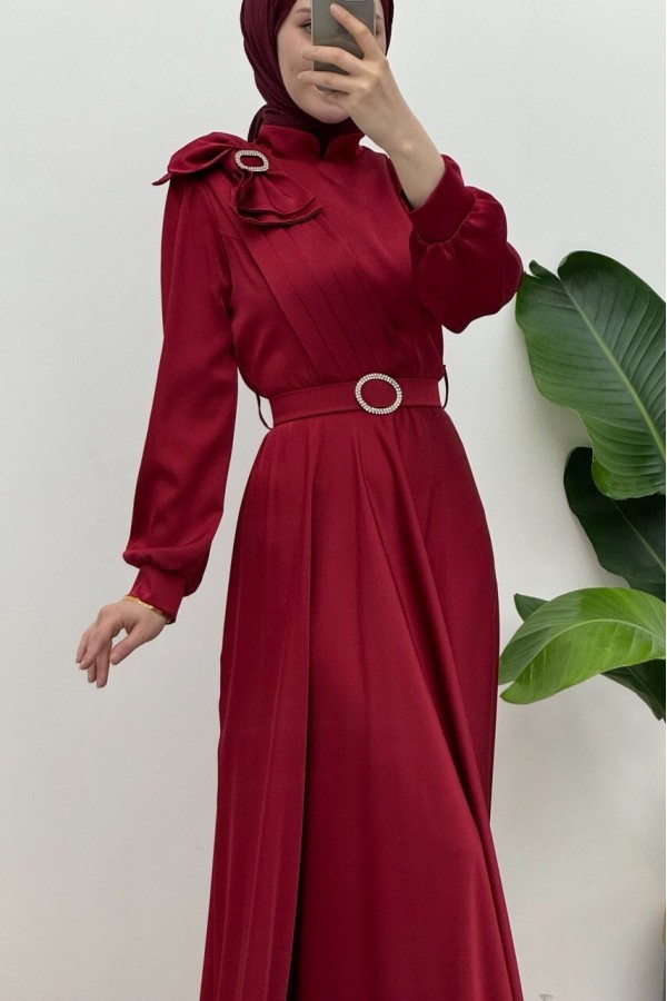 Satin Evening Dress with Brooch, Bow, Stones and Belt -Maroon